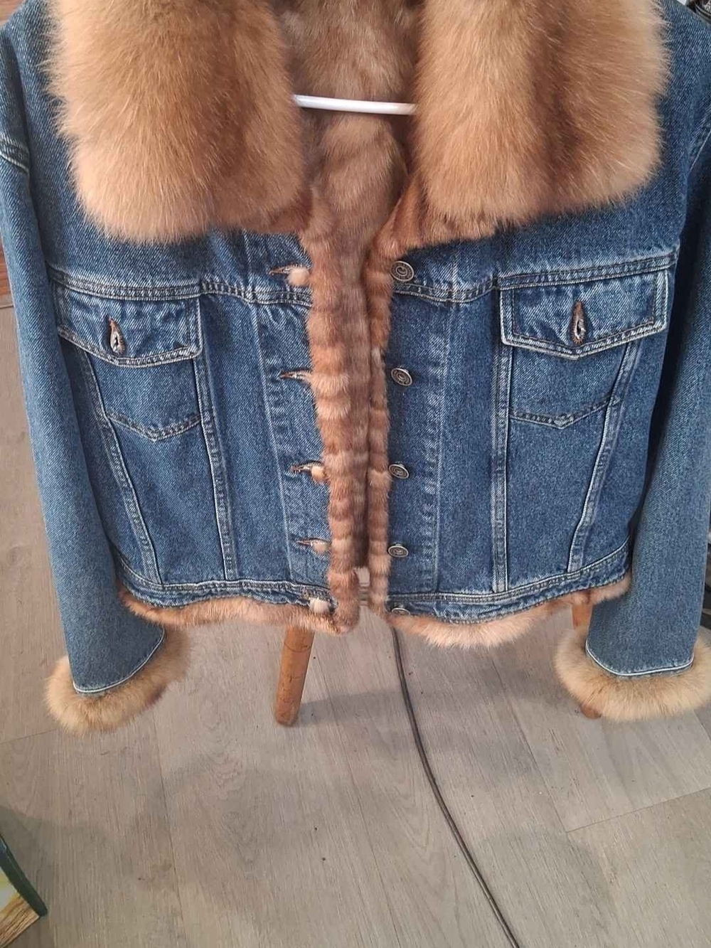 Di Stefano Women's Blue Denim Jacket with Brown Mink Fur Trim
